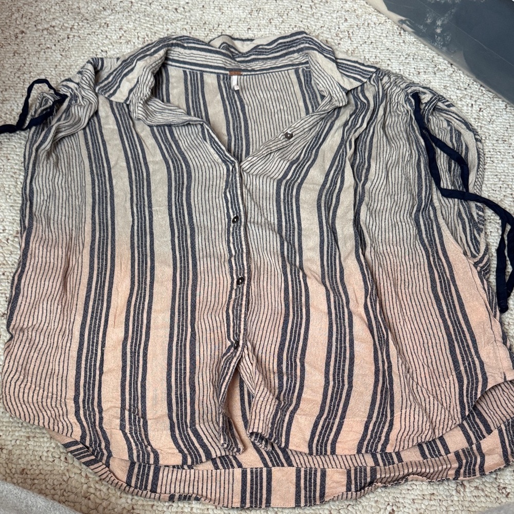 Free People Cream and Navy Striped Button-Down Blouse